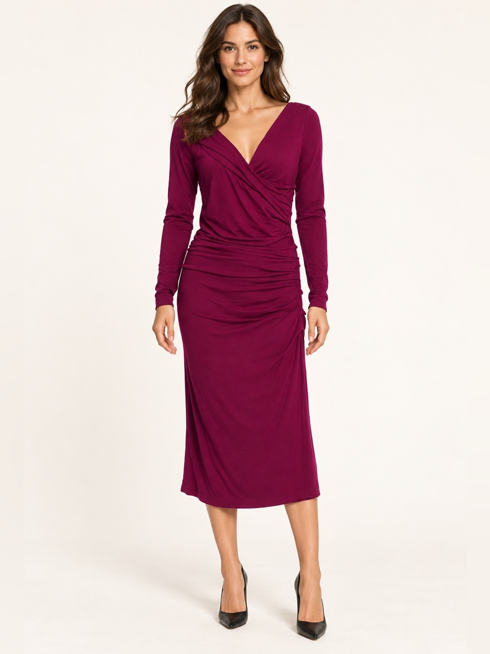 NWT Diane von Furstenberg Berry Ruched V-Neck Long Sleeve Knee-Length Dress